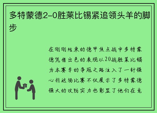 多特蒙德2-0胜莱比锡紧追领头羊的脚步