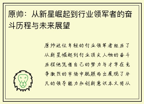 原帅：从新星崛起到行业领军者的奋斗历程与未来展望