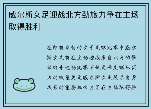 威尔斯女足迎战北方劲旅力争在主场取得胜利